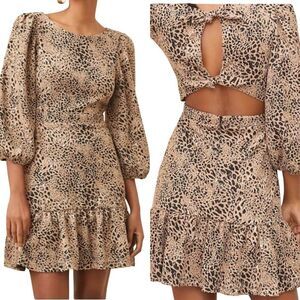 Anthropologie Leopard Cutout Back Mini Dress Sz 6 Puff Sleeves Ruffle Hem Knit‎